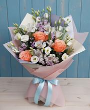 Букет цветов из:  Лизиантусы, Розы, Альстромерии и Гипсофила в Пригородном Курской области
