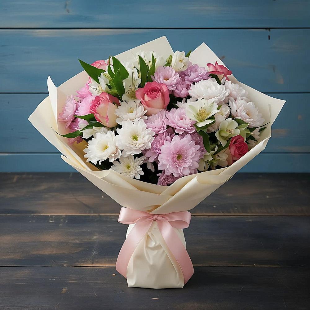 Букет цветов из: Хризантемы, Альстромерии и Розы в Пригородном Курской области